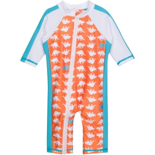 SwimZip Little Boy Long Sleeve Sunsuit with UPF 50 Sun Protection, Orange Dino, 0-6 Months - Image 1