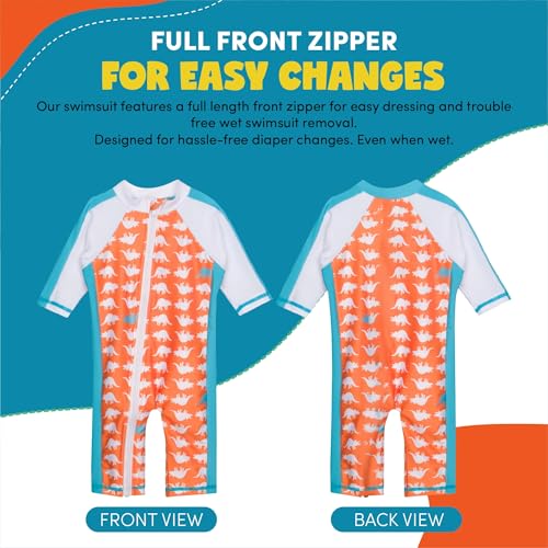 SwimZip Little Boy Long Sleeve Sunsuit with UPF 50 Sun Protection, Orange Dino, 0-6 Months - Image 4