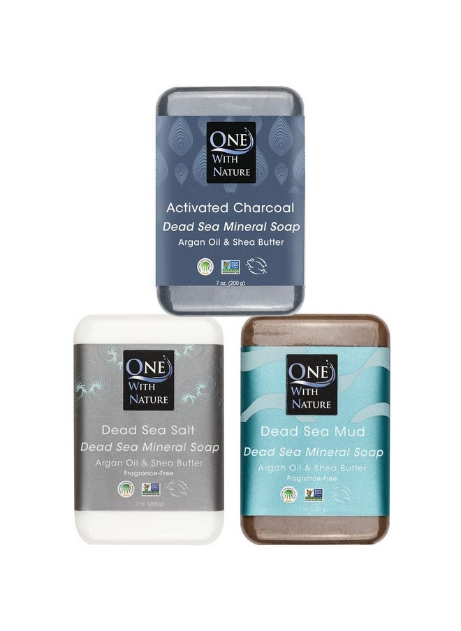 ONE WITH NATURE Dead Sea Mineral 7 Oz Soap Variety 3Pk In Branded Box. Dead Sea Salt Contains Magnesium Sulfur & 21 Essential Minerals. Shea Butter Argan Oil 100% Natural. All Skin Types Acne Eczema Psoriasis  - Image 2