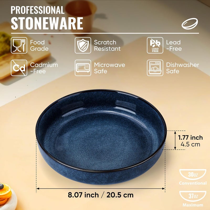 Herogo Stoneware Pasta Bowls Set of 4 Large Wide Shallow 37oz Plates and Serving Bowls Sets for Salad Soup Cereal Microwave  Dishwasher Safe Starry Blue - Image 2