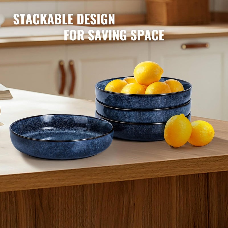 Herogo Stoneware Pasta Bowls Set of 4 Large Wide Shallow 37oz Plates and Serving Bowls Sets for Salad Soup Cereal Microwave  Dishwasher Safe Starry Blue - Image 3