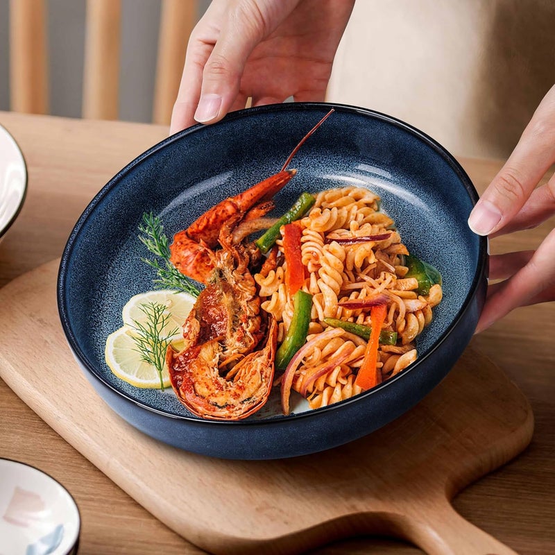 Herogo Stoneware Pasta Bowls Set of 4 Large Wide Shallow 37oz Plates and Serving Bowls Sets for Salad Soup Cereal Microwave  Dishwasher Safe Starry Blue - Image 5