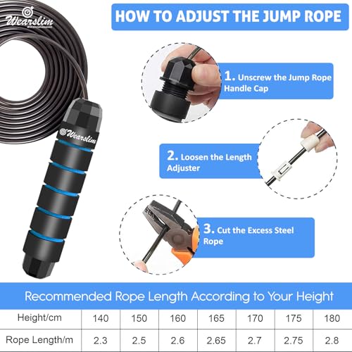 Wearslim Professional Skipping Rope for Men & Women with Ball Bearings Rapid Speed weighted Jump Rope Cable & 6” Memory Foam Handles Tangle-Free Jumping Rope for Kids - Black & Blue - Image 5