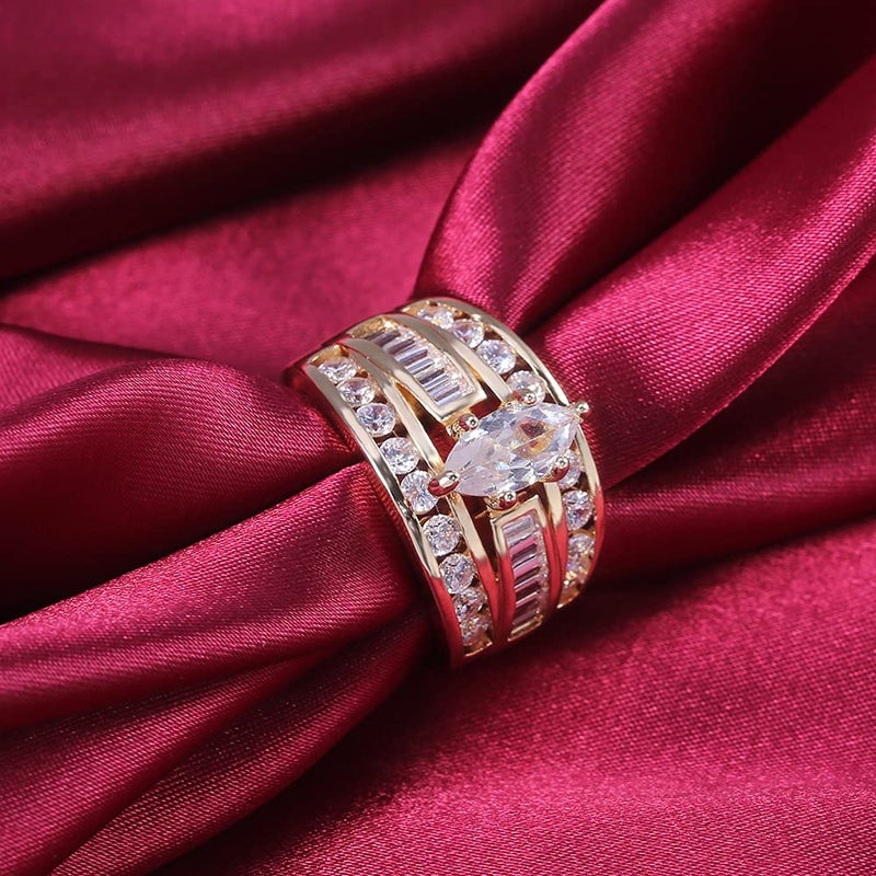 Hsitgexf Wedding Ring Set for Women 14K Gold Plated Marquise Cut CZ Engagement Rings Bridal Set Anniversary Promise Wideband Rings for Her (US Size 7) - Image 4