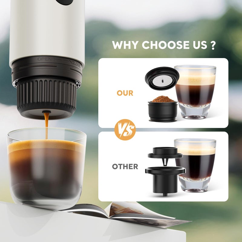 RECAFIMIL Portable Espresso Machine, Travel Coffee Maker for Camping, Car Coffee Maker Self-Heating with USB-C, 2 in 1 With Ground Coffee & NS Capsule for RV, Hiking, Office,Christmas Gifts for Men(White) - Image 3