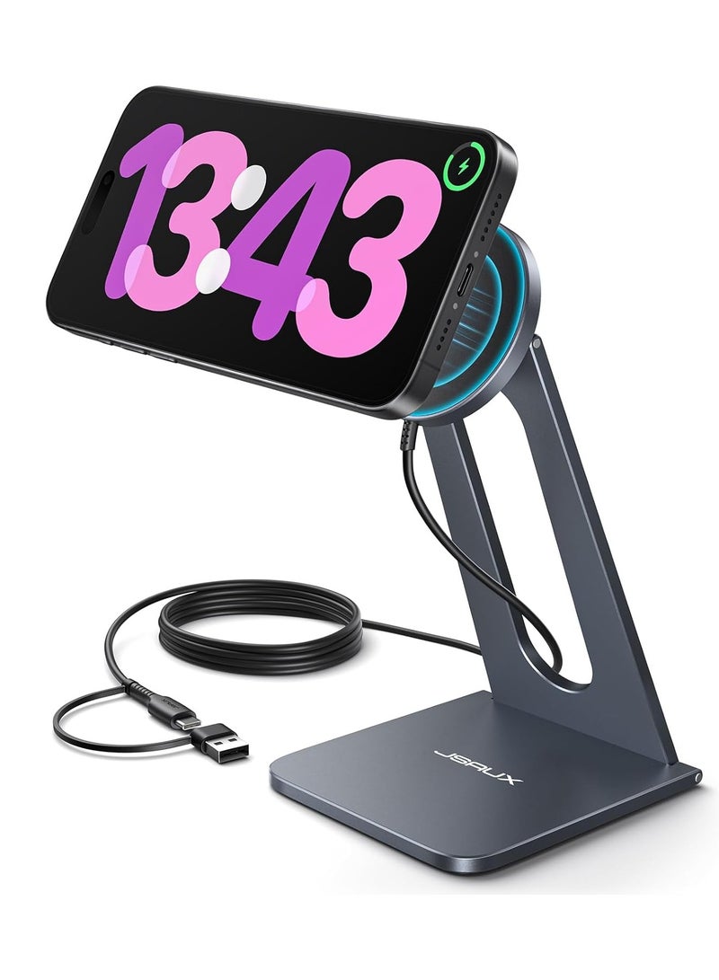JSAUX JSAUX MagSafe Magnetic Wireless Charger Stand, 15W Fast Wireless Charging Dock with Strong Magnetic Alignment, Adjustable Viewing Angle, Compatible with iPhone 15, 14, 13, 12 Series, AirPods Pro, and MagSafe-Compatible Cases – Sleek Aluminum Design  - Image 1