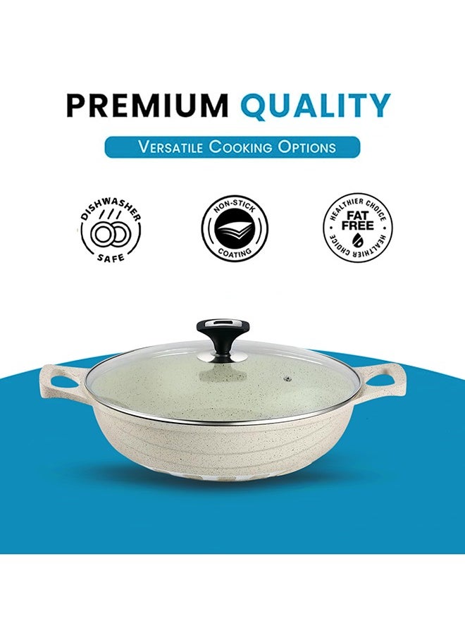 RK ROYAL KITCHEN Cresta Non Stick Wok 28 cm – 5 Pcs White Marble Coated Diecast Karahi Set with Nylon Spoons & Pot Holder, Tempered Glass Lids, Food Grade, Stylish Design, Durable, Dishwasher Safe, Bio Plus System, Energy Efficient  - Image 2