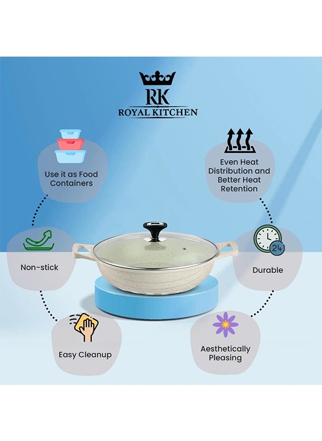 RK ROYAL KITCHEN Cresta Non Stick Wok 28 cm – 5 Pcs White Marble Coated Diecast Karahi Set with Nylon Spoons & Pot Holder, Tempered Glass Lids, Food Grade, Stylish Design, Durable, Dishwasher Safe, Bio Plus System, Energy Efficient  - Image 3