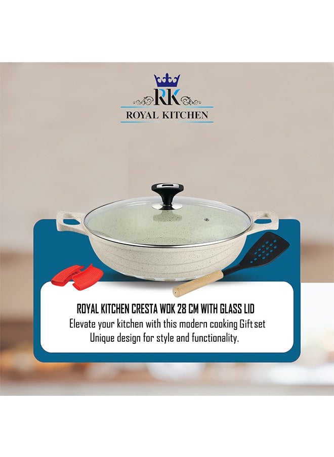 RK ROYAL KITCHEN Cresta Non Stick Wok 28 cm – 5 Pcs White Marble Coated Diecast Karahi Set with Nylon Spoons & Pot Holder, Tempered Glass Lids, Food Grade, Stylish Design, Durable, Dishwasher Safe, Bio Plus System, Energy Efficient  - Image 4
