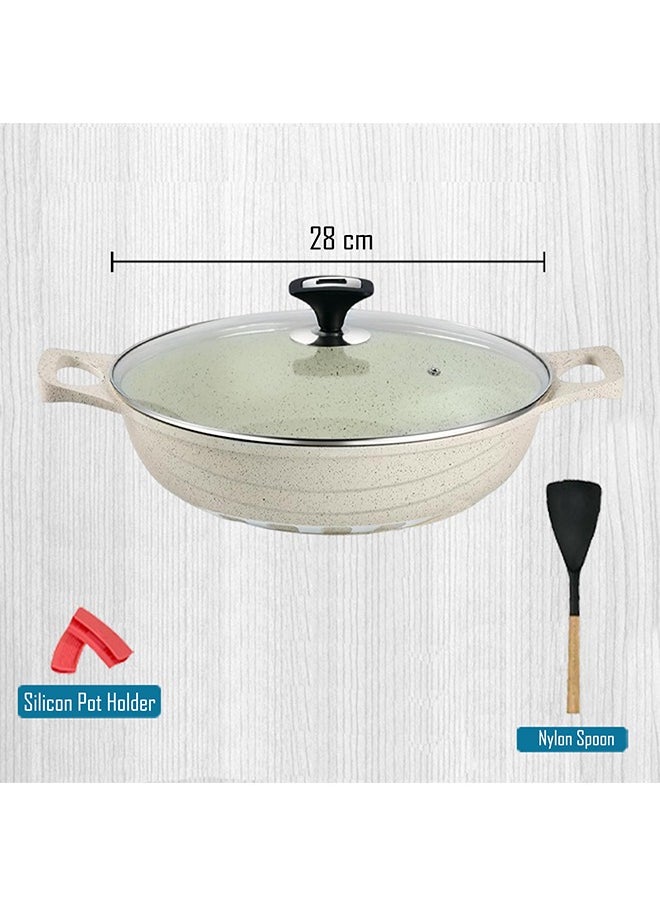 RK ROYAL KITCHEN Cresta Non Stick Wok 28 cm – 5 Pcs White Marble Coated Diecast Karahi Set with Nylon Spoons & Pot Holder, Tempered Glass Lids, Food Grade, Stylish Design, Durable, Dishwasher Safe, Bio Plus System, Energy Efficient  - Image 5
