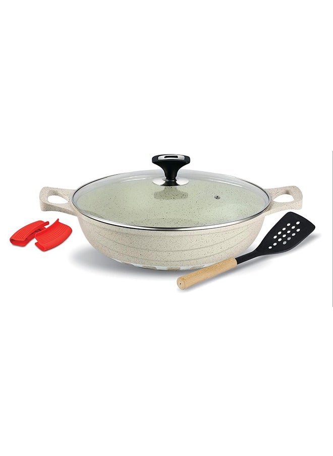 RK ROYAL KITCHEN Cresta Non Stick Wok 28 cm – 5 Pcs White Marble Coated Diecast Karahi Set with Nylon Spoons & Pot Holder, Tempered Glass Lids, Food Grade, Stylish Design, Durable, Dishwasher Safe, Bio Plus System, Energy Efficient  - Image 1