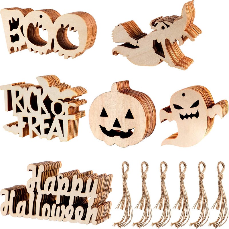 Sumind 60 Pieces Halloween Wooden Slices Wooden Gift Tags Blank Wood Hanging Ornaments Cutouts Crafts with 60 Pieces Twine Ropes for Kids Crafts Halloween Christmas Ornaments (Style 2) - Image 1