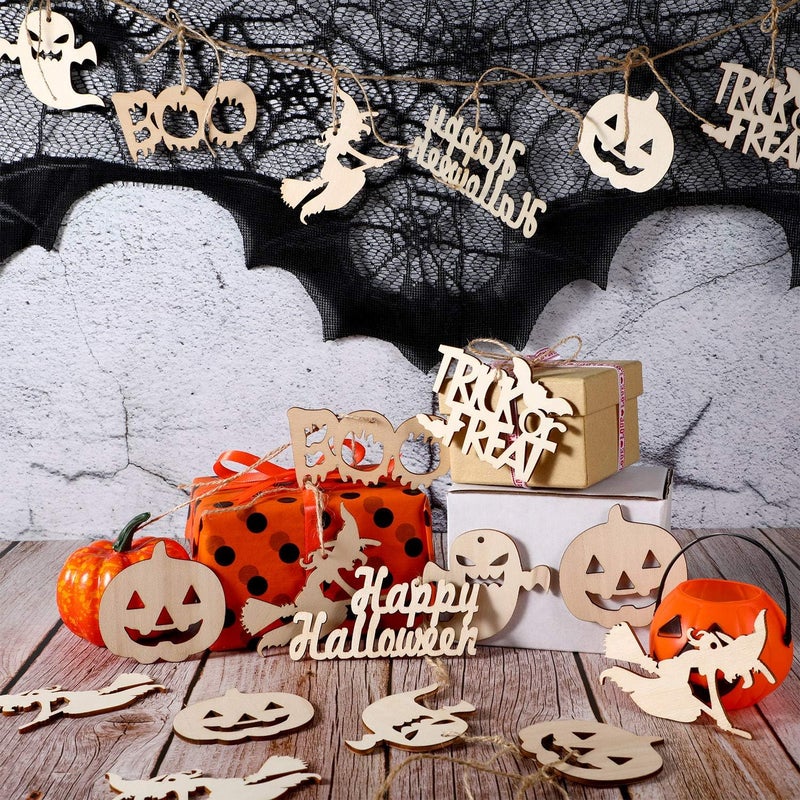 Sumind 60 Pieces Halloween Wooden Slices Wooden Gift Tags Blank Wood Hanging Ornaments Cutouts Crafts with 60 Pieces Twine Ropes for Kids Crafts Halloween Christmas Ornaments (Style 2) - Image 2