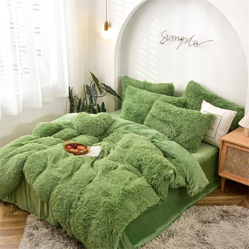 Gusuhome Fluffy Duvet Cover Set Full Size Green Ultra Soft Shaggy Fluffy Comforter Cover Set Fuzzy Quilt Cover Set Bedding Set 3Pcs (1Duvet Cover + 2Pillow Shams) with Zipper Closure Avocado Green - Image 2