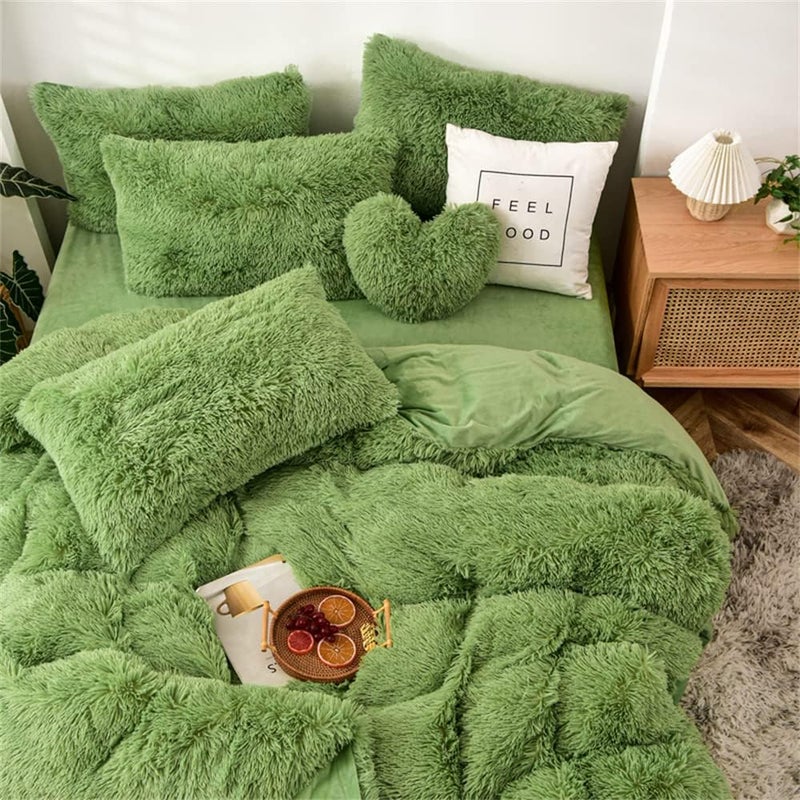 Gusuhome Fluffy Duvet Cover Set Full Size Green Ultra Soft Shaggy Fluffy Comforter Cover Set Fuzzy Quilt Cover Set Bedding Set 3Pcs (1Duvet Cover + 2Pillow Shams) with Zipper Closure Avocado Green - Image 3