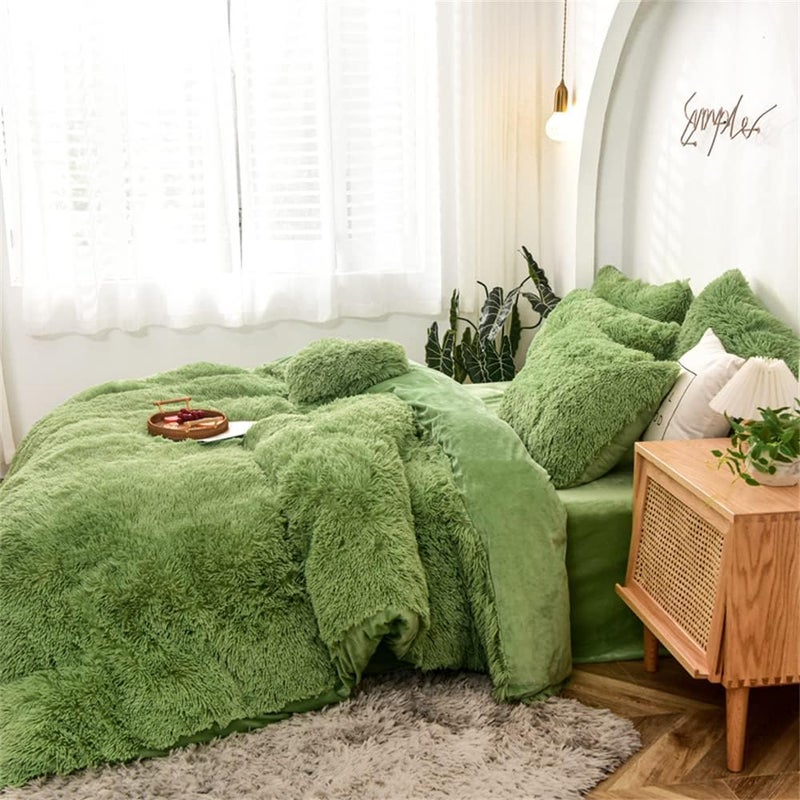 Gusuhome Fluffy Duvet Cover Set Full Size Green Ultra Soft Shaggy Fluffy Comforter Cover Set Fuzzy Quilt Cover Set Bedding Set 3Pcs (1Duvet Cover + 2Pillow Shams) with Zipper Closure Avocado Green - Image 5