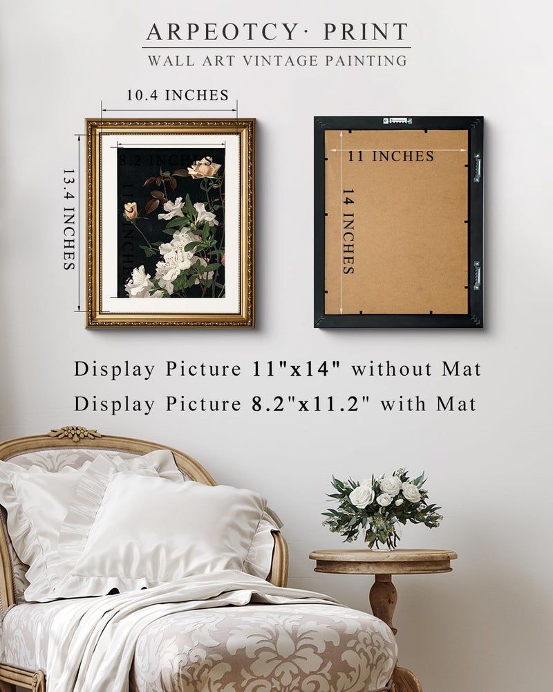 ARPEOTCY Vintage Gold Framed Floral Wall Art, 13x16 inch Classic Azaleas Roses Paintings, Victorian Wall Decor for Bathroom Living Room, Canvas Prints Antique Pictures Frame for Hoom Decor - Image 3