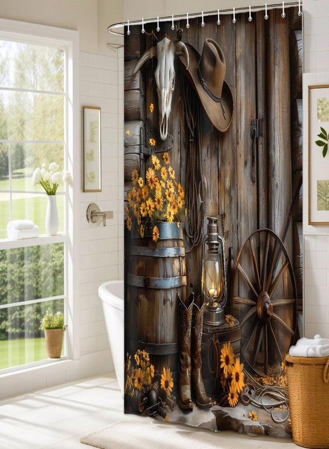 Wathon Western Cowboy Shower Curtain with Farmhouse Barn Door, Southwest Country Ranch Bath Curtain with Cowboy Boots Floral, Rustic Southwestern Theme Bathroom Decor Set with Hooks 70X70IN - Image 2