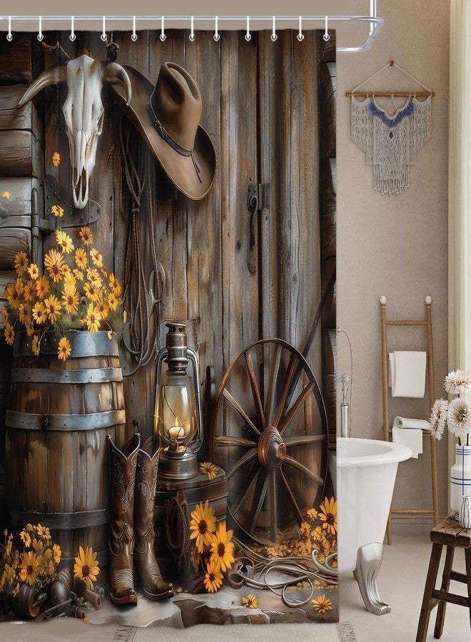 Wathon Western Cowboy Shower Curtain with Farmhouse Barn Door, Southwest Country Ranch Bath Curtain with Cowboy Boots Floral, Rustic Southwestern Theme Bathroom Decor Set with Hooks 70X70IN - Image 1