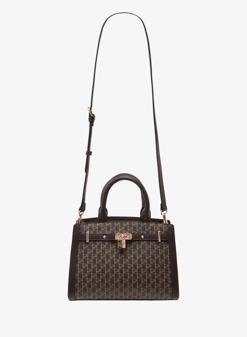 Paprika Women's Monogram Print Tote Bag with Detachable Strap and Zip Closure