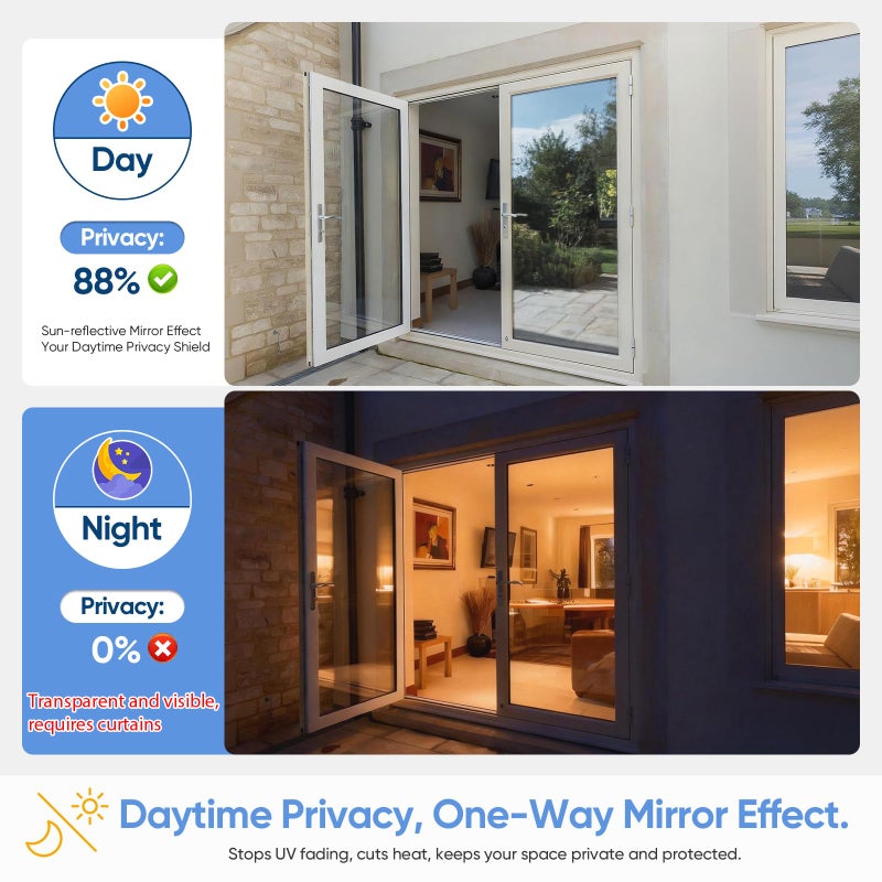 SUNBABY Window Tint for Home, One Way Privacy Film Heat & UV Blocking, Static Cling No Glue Renter Friendly Cover for Home Bedroom, Office & Sliding Glass Door, 17.5 x 78.7 Inch with 3 Tools, Silver - Image 4