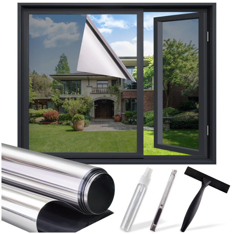SUNBABY Window Tint for Home, One Way Privacy Film Heat & UV Blocking, Static Cling No Glue Renter Friendly Cover for Home Bedroom, Office & Sliding Glass Door, 17.5 x 78.7 Inch with 3 Tools, Silver - Image 1