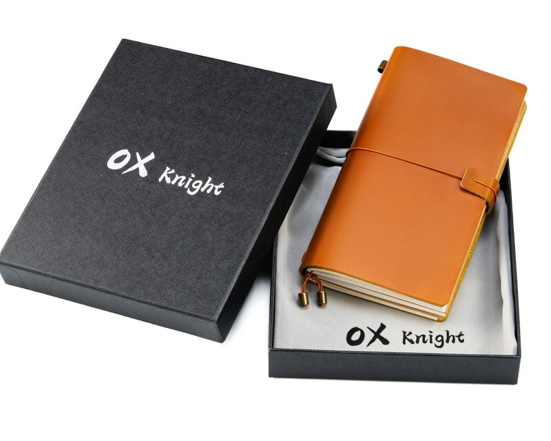 Ox Knight Leather Travelers Notebook, 8.6'' x 4.6'', Refillable Vintage Travel Journal, Handmade Leather Journal with Kraft Folder, and 3 Inserts (Camel) - Image 2