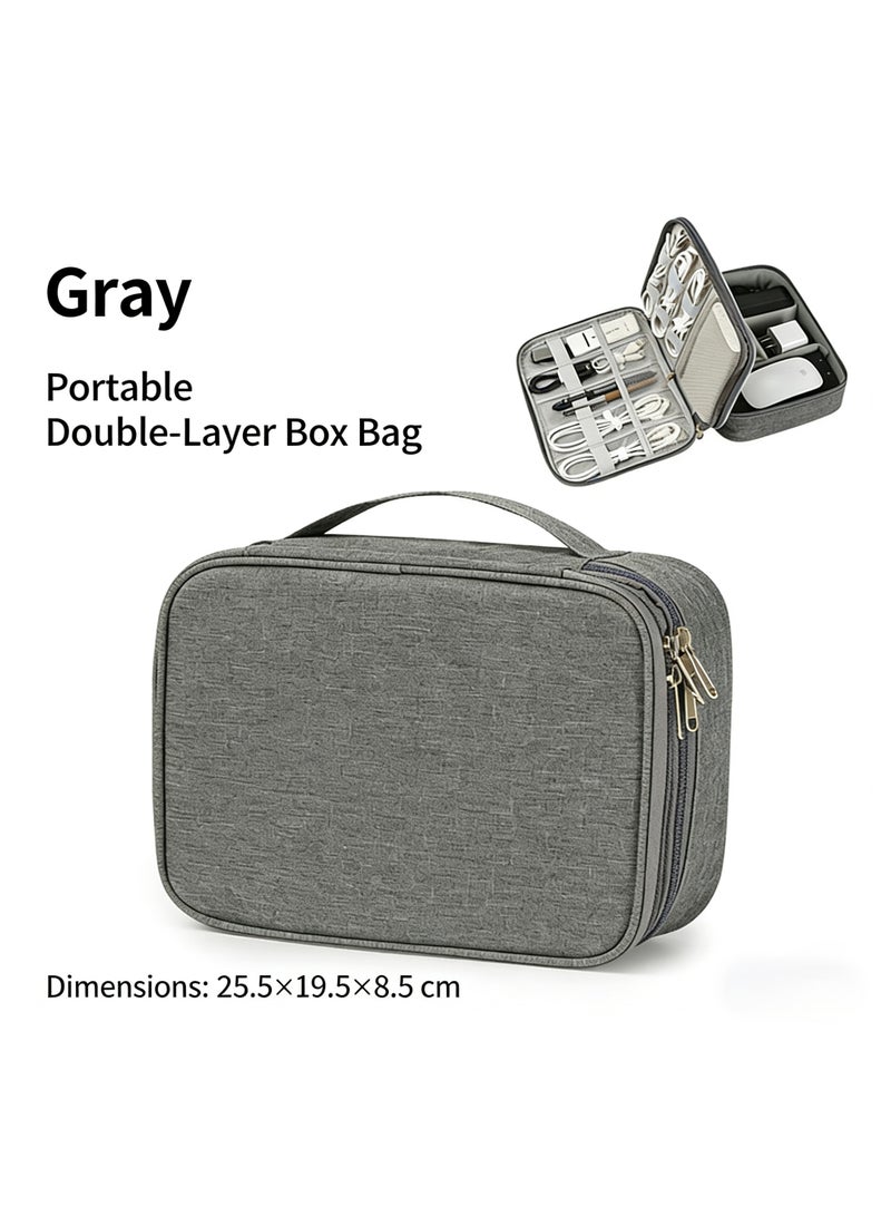 Electronic travel organizer bag, waterproof double-layer cable accessory bag, storage for essential tech items, compatible with mobile phones, chargers, tablets, cables, and power banks, gray, double-layer. - Image 2