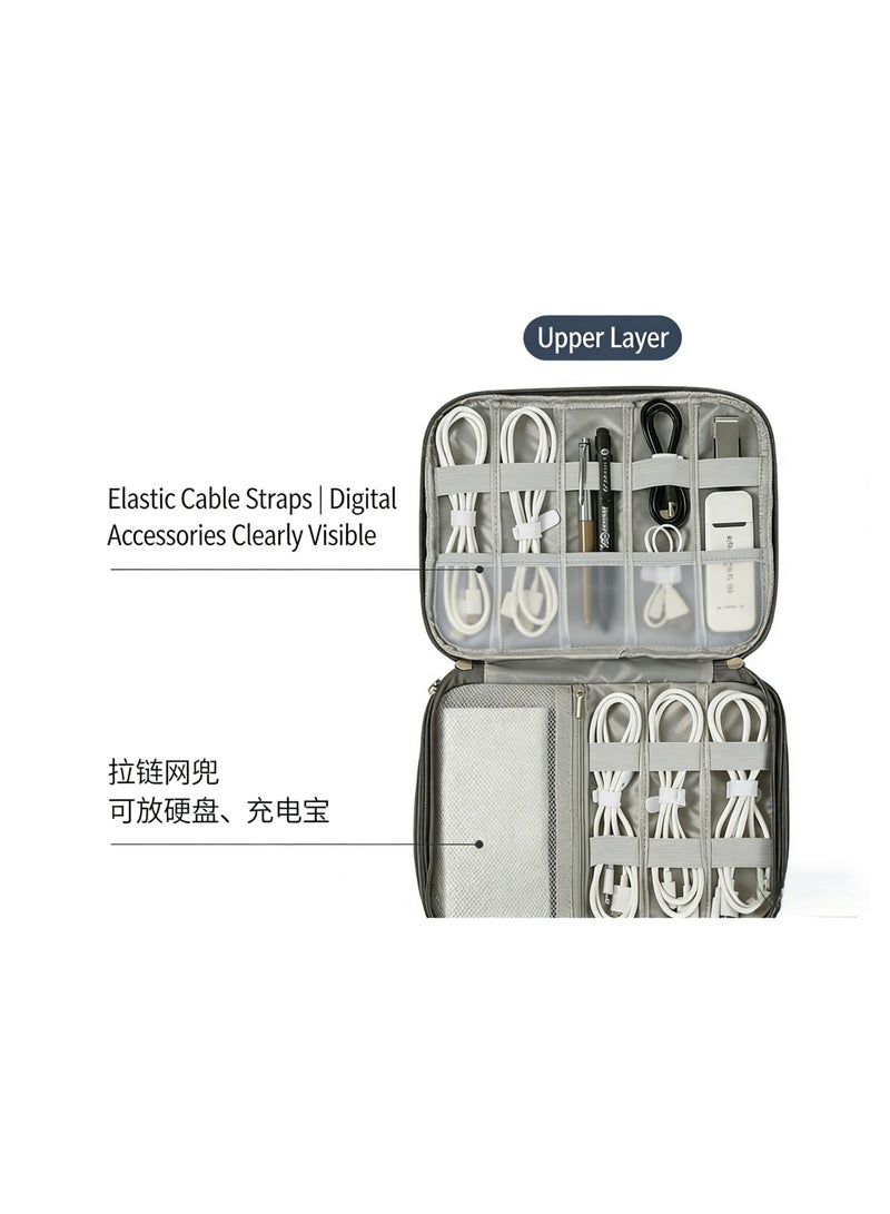 Electronic travel organizer bag, waterproof double-layer cable accessory bag, storage for essential tech items, compatible with mobile phones, chargers, tablets, cables, and power banks, gray, double-layer. - Image 4