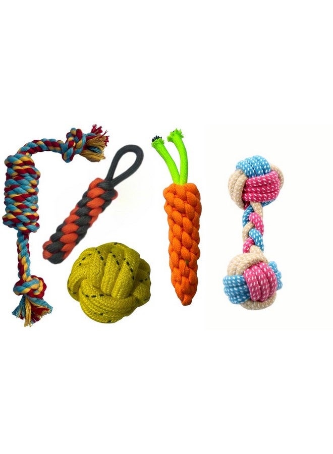 بت مجموعة من 5 ألعاب للكلاب | ألعاب مضغ الحبل للكلاب | حبل قوي وكرة وسحب للتسنين والتدريب | ألعاب التسنين للجراء | قطن طبيعي 100% | رائعة للألعاب الصغيرة والمتوسطة والملونة - Image 1