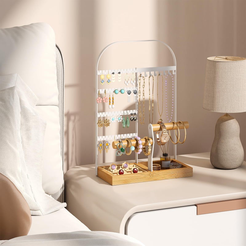 BMOSU Jewelry Organizer Stand with Velvet Ring Holder 2 Bracelet Holder Display 4 Tier Jewelry Rack with 8 Necklace Hooks and 48 Earring Holes Organizer Storage Wooden Box White - Image 1