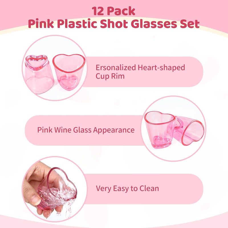 ZZYFGH 12 Pack Pink Shot Glass SetHeart Shaped Shot Glasses Set 15 oz Plastic Shot Glass with Heavy Base Shot Glasses for Whiskey Tequila Spirits  Liquors Valentines Day Bachelor Party - Image 3