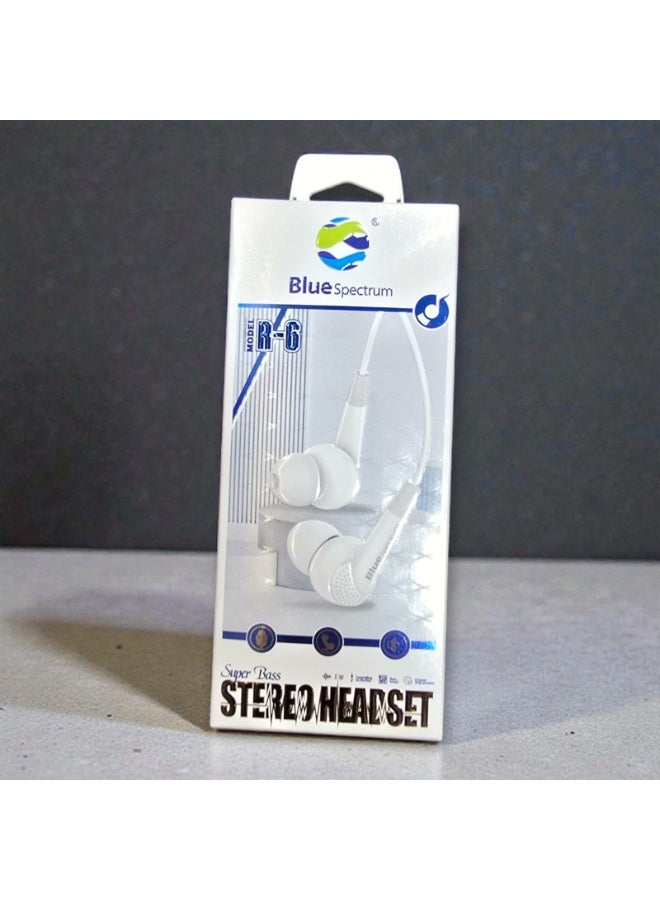 Blue Spectrum R-6 Wired In-Ear Headphones with 3.5mm Jack, Universal Earbuds with Clear Sound - White