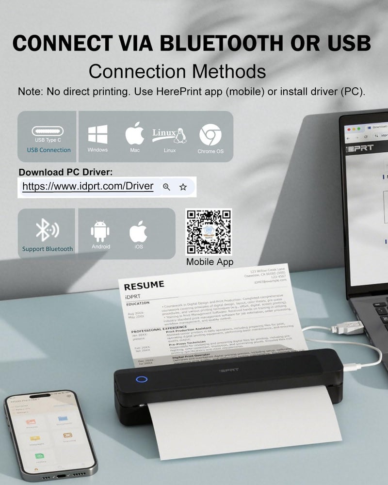 iDPRT Inkless Portable Printer for Travel, 300DPI Wireless Thermal Printer Support 8.5" x 11" US Letter, A4, MT610Pro Small Bluetooth Printers Compatible with iOS, Android Laptop for Home Office Car, Black - Image 4