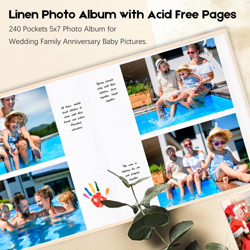 AEVDOR 240 POCKETS Photo Photo Album 5x7 مع مساحة كتابة كبيرة 5x7 ألبوم صور يحتفظ 240 صورة غلاف الكتان حمض الصفحات الحرة 5x7 كتاب الصور مع مذكرة للطفل عائلة الزفاف صورة بيج بيج - Image 4