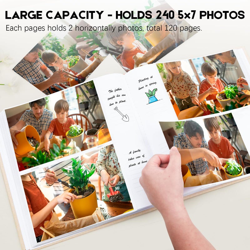 AEVDOR 240 POCKETS Photo Photo Album 5x7 مع مساحة كتابة كبيرة 5x7 ألبوم صور يحتفظ 240 صورة غلاف الكتان حمض الصفحات الحرة 5x7 كتاب الصور مع مذكرة للطفل عائلة الزفاف صورة بيج بيج - Image 2