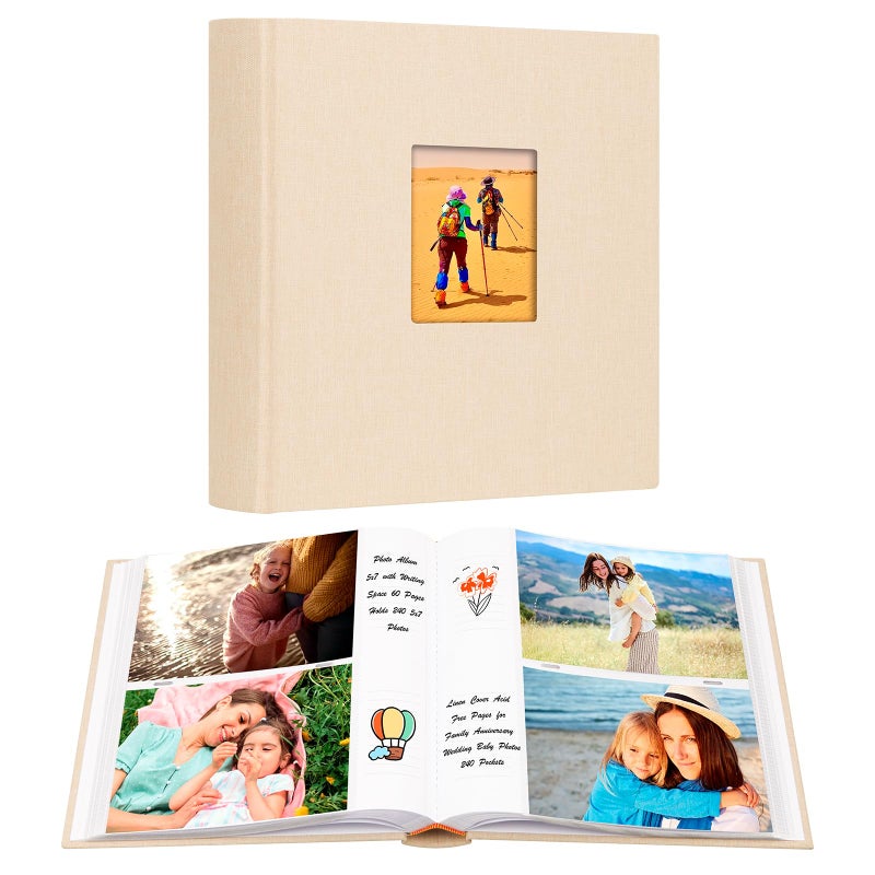 AEVDOR 240 POCKETS Photo Photo Album 5x7 مع مساحة كتابة كبيرة 5x7 ألبوم صور يحتفظ 240 صورة غلاف الكتان حمض الصفحات الحرة 5x7 كتاب الصور مع مذكرة للطفل عائلة الزفاف صورة بيج بيج - Image 1