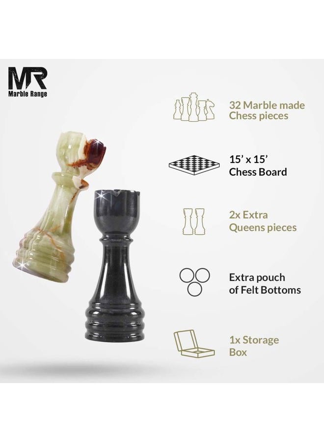 MARBLE RANGE Handmade Black & Green Marble Chess Set – 15” Board with 32 Pieces, 2 Extra Queens & Storage Box, Luxury Travel Game, Perfect Family Fun & Gift During Ramadan & Eid, Elegant Home Décor - Image 5