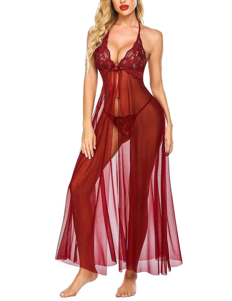 RioDebella Beera Women Lingerie Satin Lace Chemise Nightgown - Sexy Babydoll Lingerie in Dark Red - Image 5