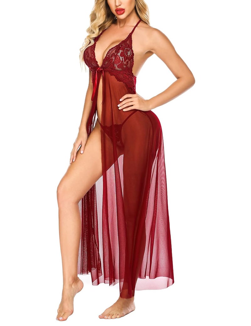RioDebella Beera Women Lingerie Satin Lace Chemise Nightgown - Sexy Babydoll Lingerie in Dark Red - Image 4