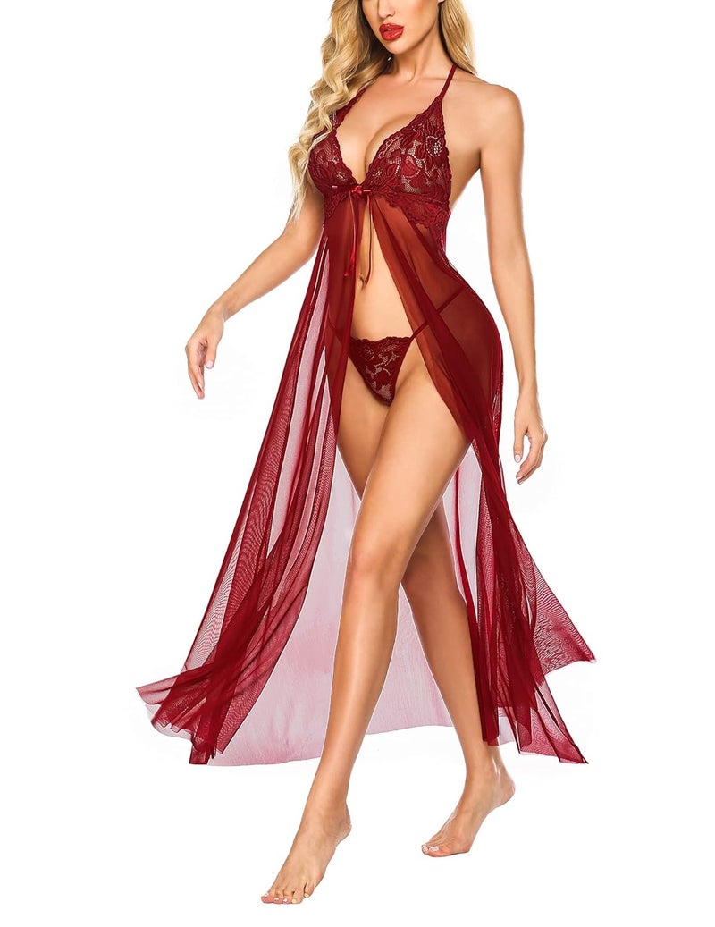 RioDebella Beera Women Lingerie Satin Lace Chemise Nightgown - Sexy Babydoll Lingerie in Dark Red - Image 1