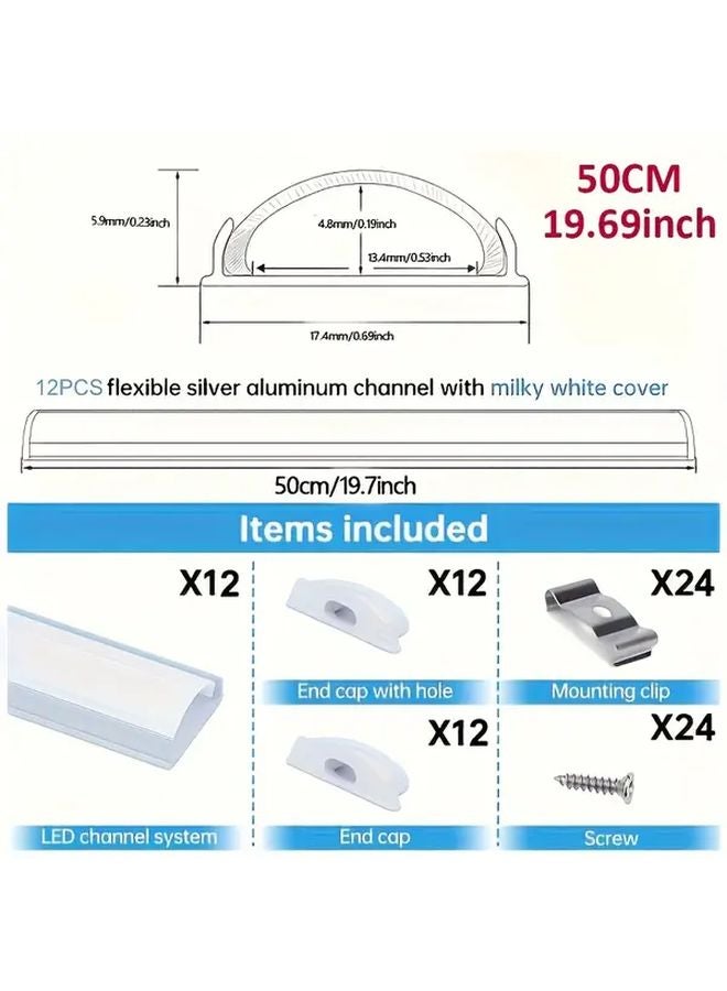 12 Pack 50CM Flexible Silver LED Channel With Milky White Cover For Strip Light - Image 1