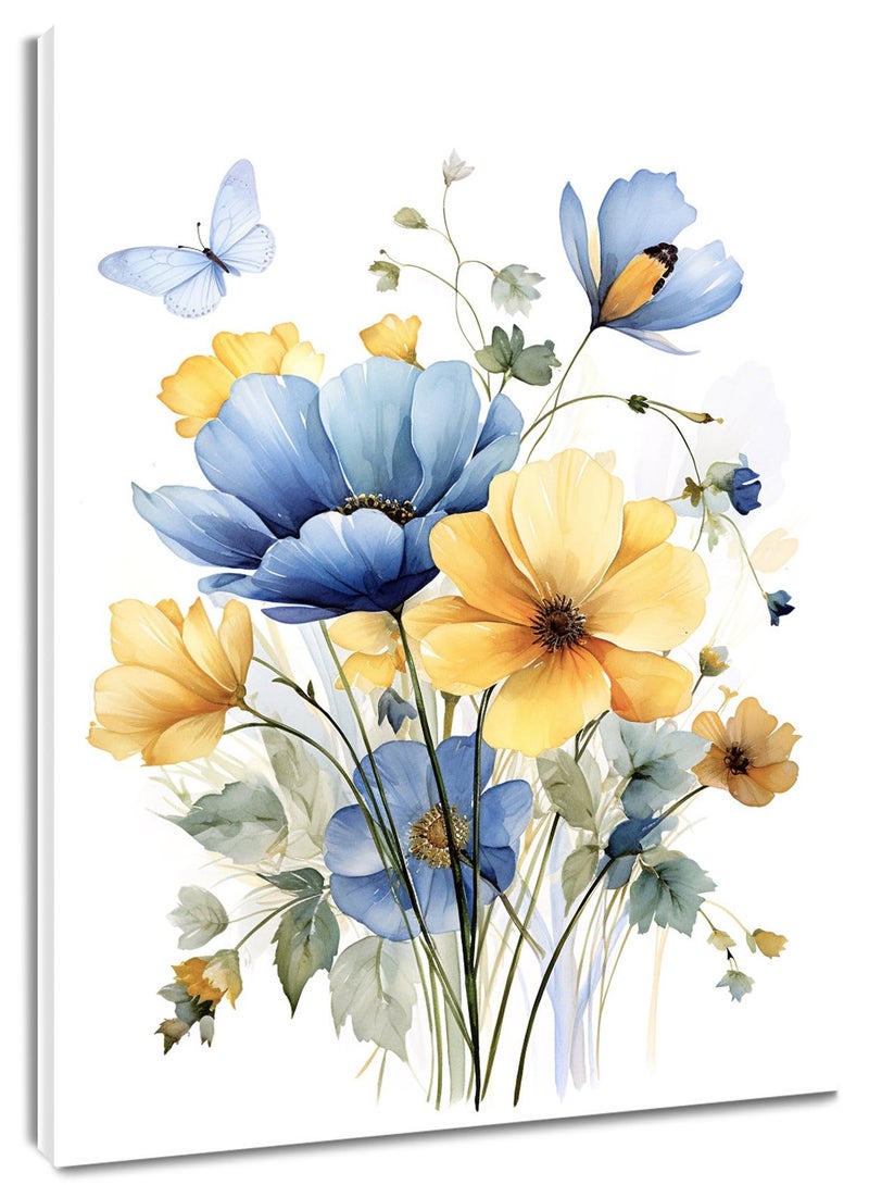 HVEST Vintage Wildflower Wall Art Blue and Yellow Flower and Leaves butterfly Abstract Painting Watercolor Plant Wall Art for Bathroom Living Room Bedroom Kitchen Decor Ready to Hang, 16Lx12W Inches - Image 1