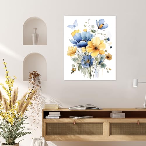 HVEST Vintage Wildflower Wall Art Blue and Yellow Flower and Leaves butterfly Abstract Painting Watercolor Plant Wall Art for Bathroom Living Room Bedroom Kitchen Decor Ready to Hang, 16Lx12W Inches - Image 5
