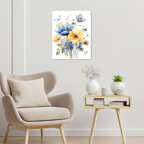 HVEST Vintage Wildflower Wall Art Blue and Yellow Flower and Leaves butterfly Abstract Painting Watercolor Plant Wall Art for Bathroom Living Room Bedroom Kitchen Decor Ready to Hang, 16Lx12W Inches - Image 3