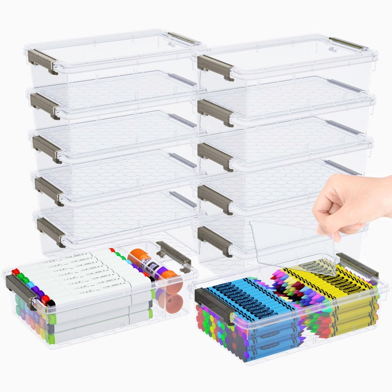 GEOPHIA 12 Pack Extra Large Pencil Box with Removable Divider, Thickened Pencil Case Bulk, Clear Crayon Marker Organizer Stackable Plastic Small Storage Containers for Pen Craft School Supplies(Grey) - Image 1