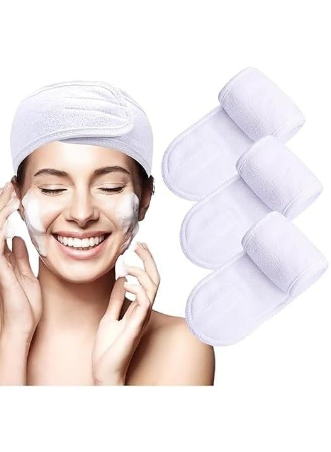 عصابة رأس للشعر غير قابلة للانزلاق وقابلة للتعديل وقابلة للغسل وناعمة ومريحة وتناسب الجميع مع شريط سحري للعناية بالبشرة والوجه والمنتجعات الصحية والتمرين الرياضي والاستخدام المنزلي وصالونات التجميل (أبيض - عبوة من 3 قطع) - Image 1