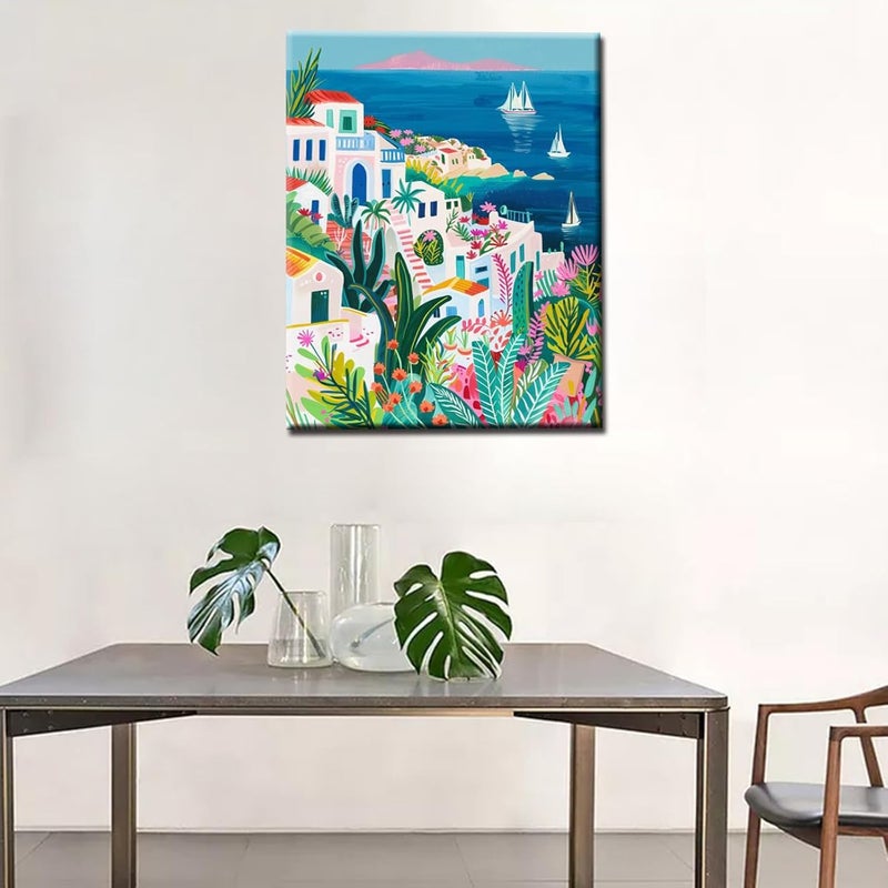 Tucocoo منظر جزيرة بوهو اليونانية - طقم رسم بالأرقام للبالغين - منظر مدينة بيضاء على البحر - طقم رسم زيت أكريليك بسيط - قماش مع طلاء أكريليك - 16x20 بوصة بدون إطار - Image 3