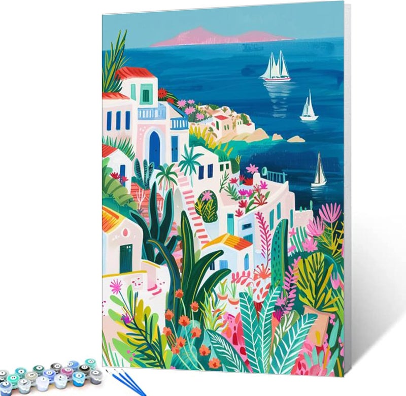 Tucocoo منظر جزيرة بوهو اليونانية - طقم رسم بالأرقام للبالغين - منظر مدينة بيضاء على البحر - طقم رسم زيت أكريليك بسيط - قماش مع طلاء أكريليك - 16x20 بوصة بدون إطار - Image 1