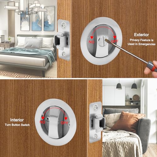 Dontay 2 Pack Pocket Door Privacy Lock Flush Handles 238 Backset BedBath Latch Recessed Knob Hardware for 1 38 to 2 316 Thickness Door Including Edge Pull Brushed Nickel Round - Image 3